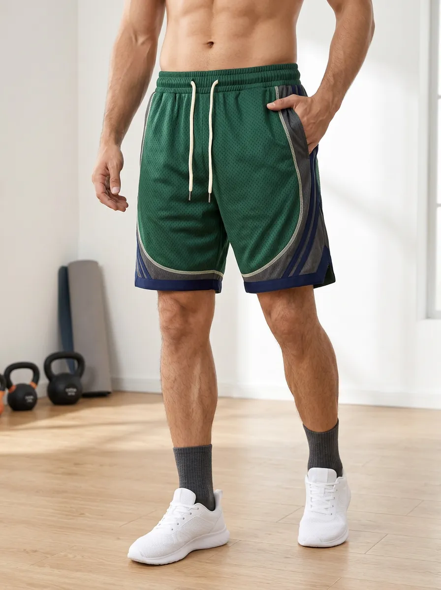 Men's Color-Block Mesh Athletic Shorts Drawstring