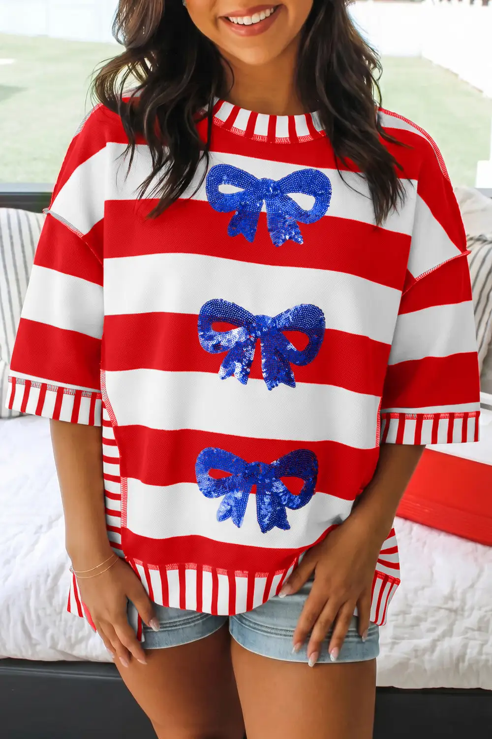 Striped Sequin Bow Sleeve Blouse
