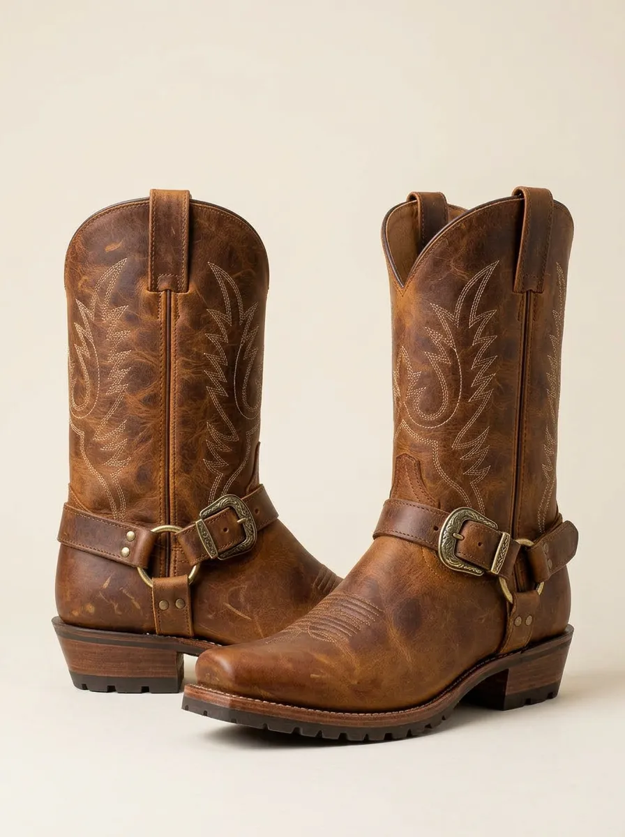 Men's Western Cowboy Buckle Embroidered Leather Cowboy Boots