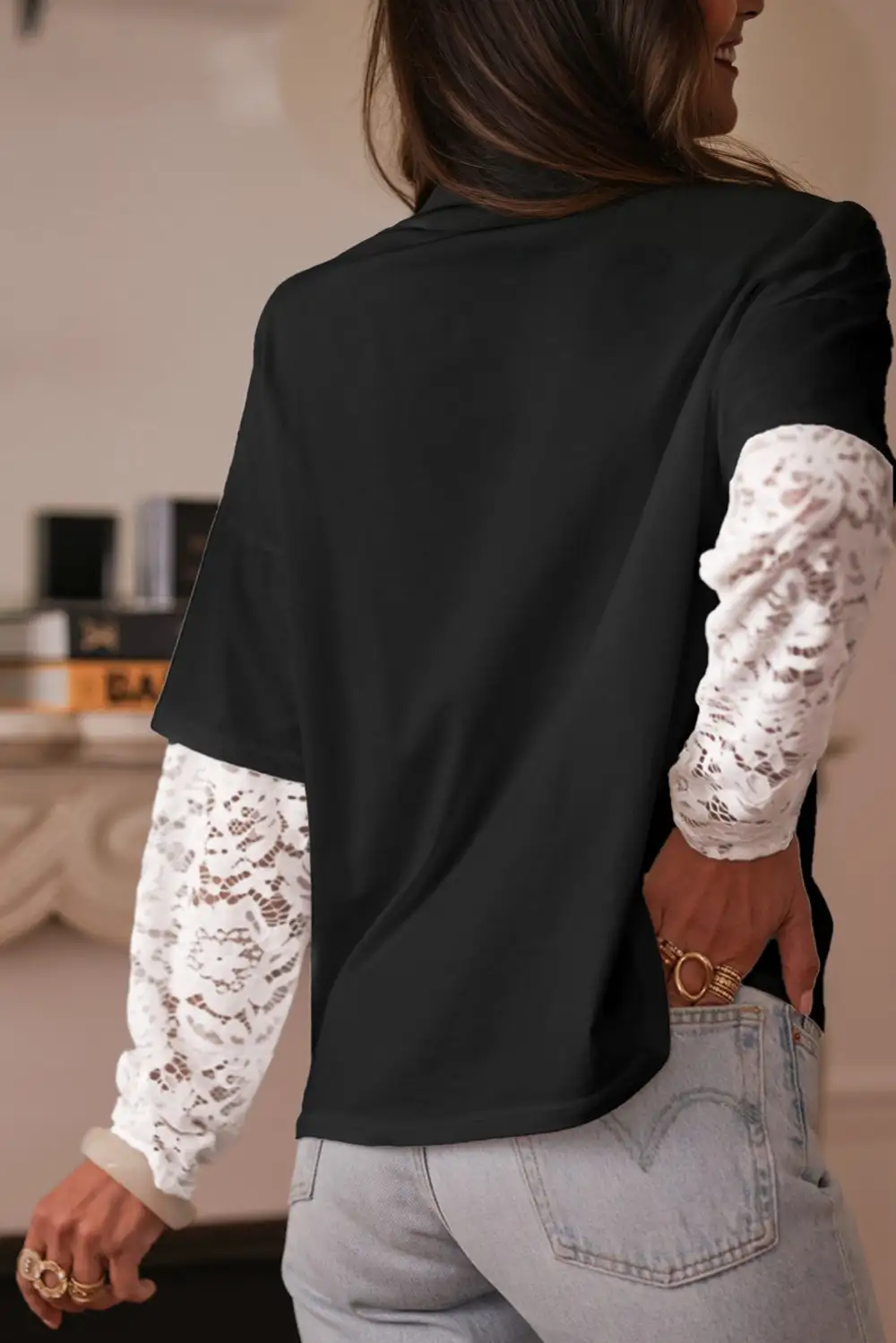 Women's Lace Long Sleeve Drop Shoulder T-Shirt