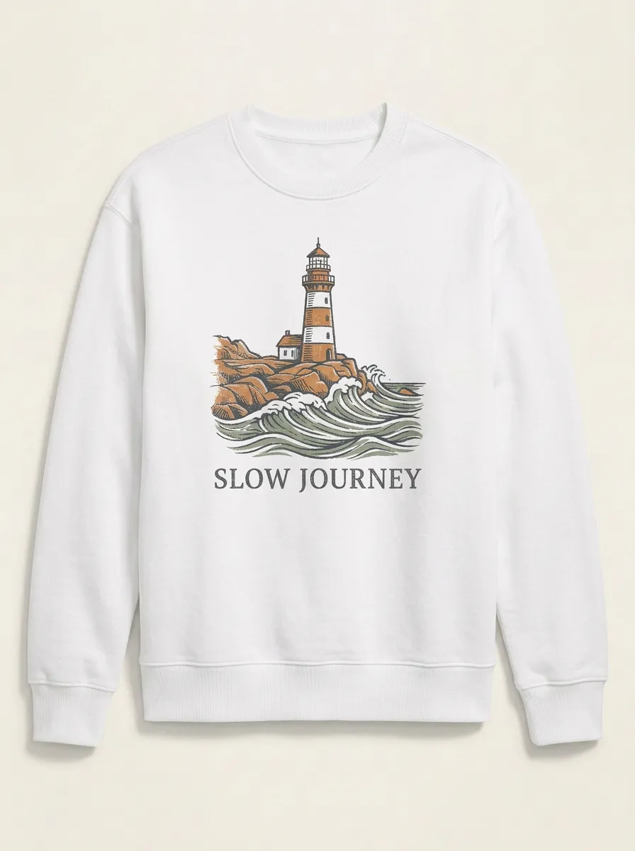 Unisex Slow Journey Lighthouse Ocean Waves Printed Sweatshirt