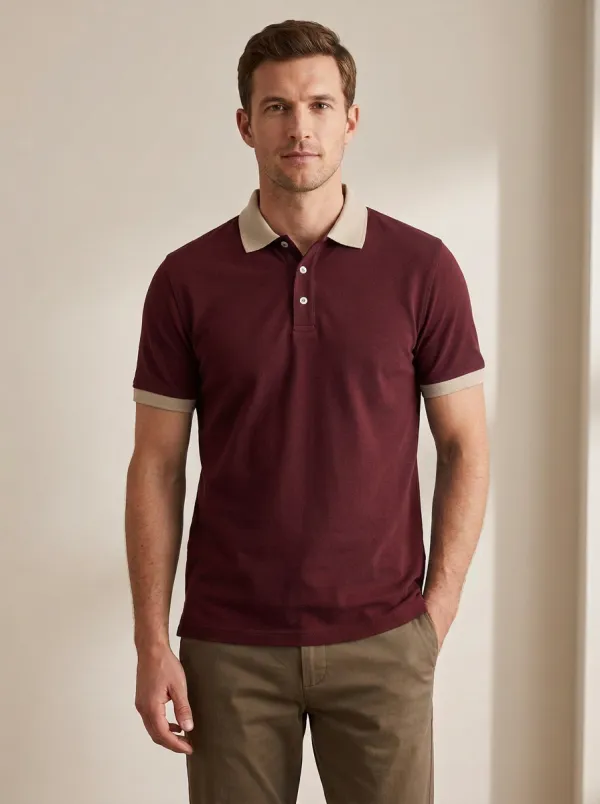 Men's Navy Blue Contrast Beige Collar Printed Polo Shirt