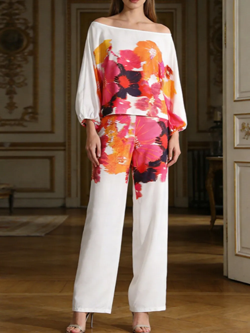 Floral Print Off Shoulder Top and Pants Set