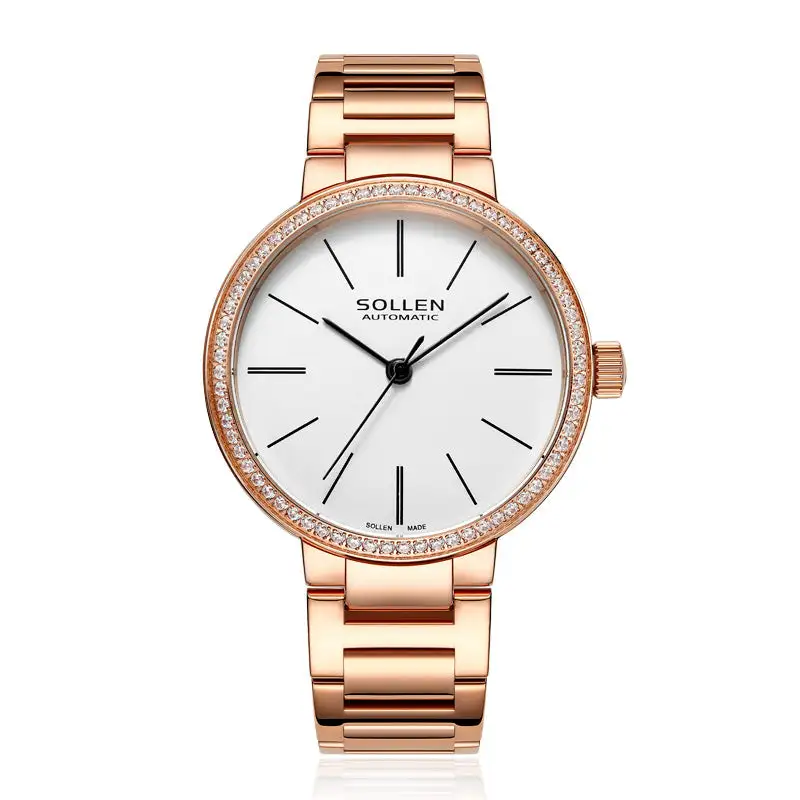 Sollen SL409 Women's Minimalist Automatic Mechanical Watch - 34mm Crystal Bezel Sandblasted Dial Stainless Steel Bracelet Wristwatch