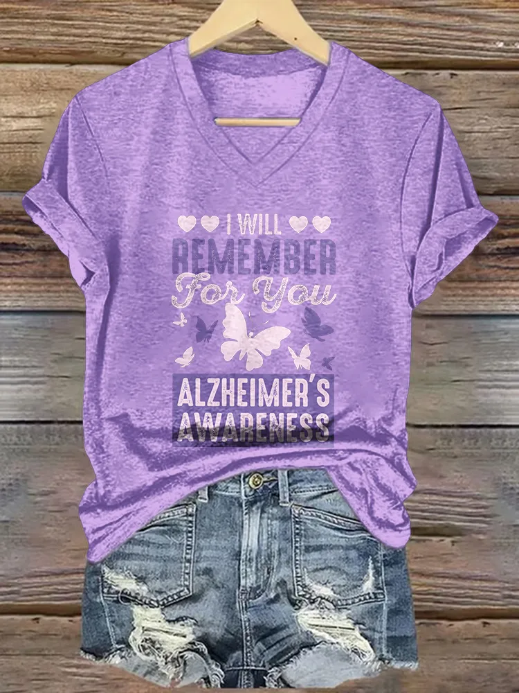 Women's I Will Remember For You Alzheimer's Awareness V-Neck Short-Sleeved T-Shirt