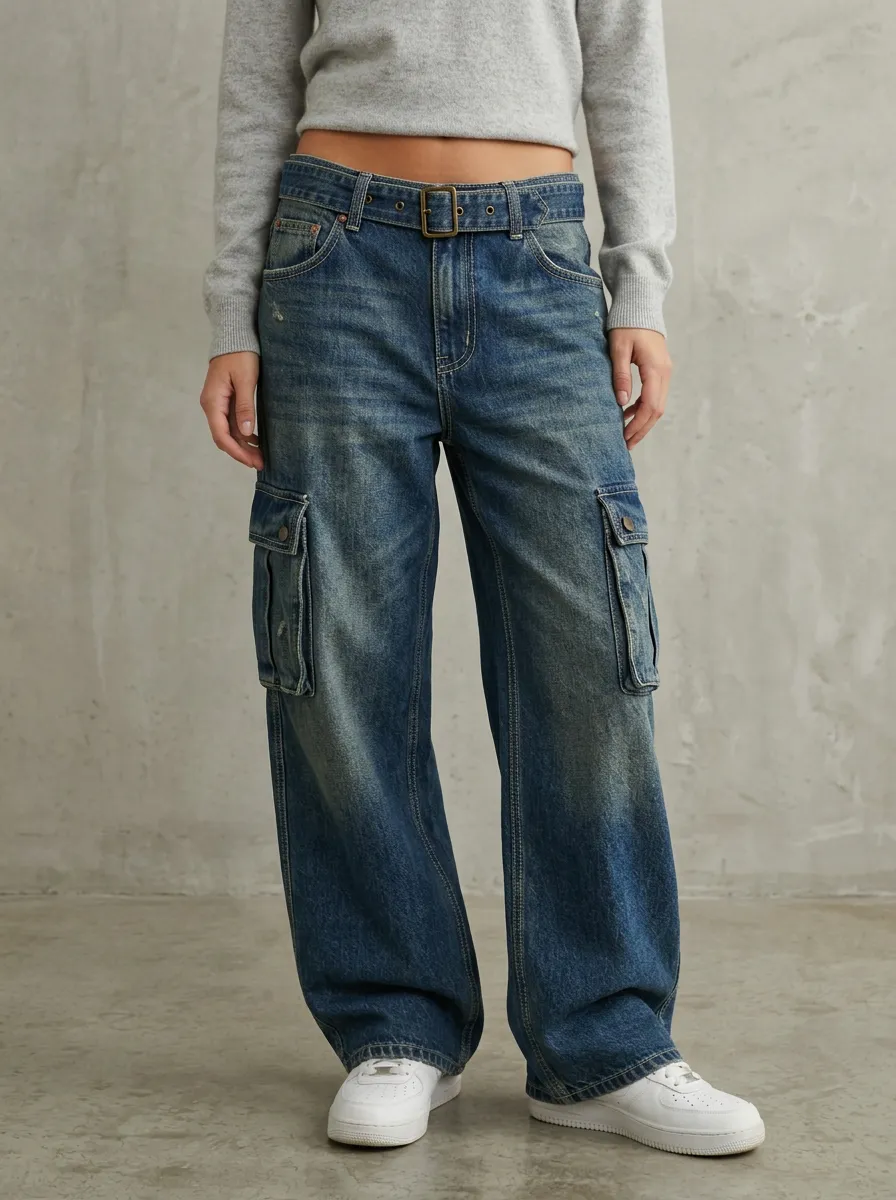 Women's Vintage Washed Belted Cargo Denim Pants