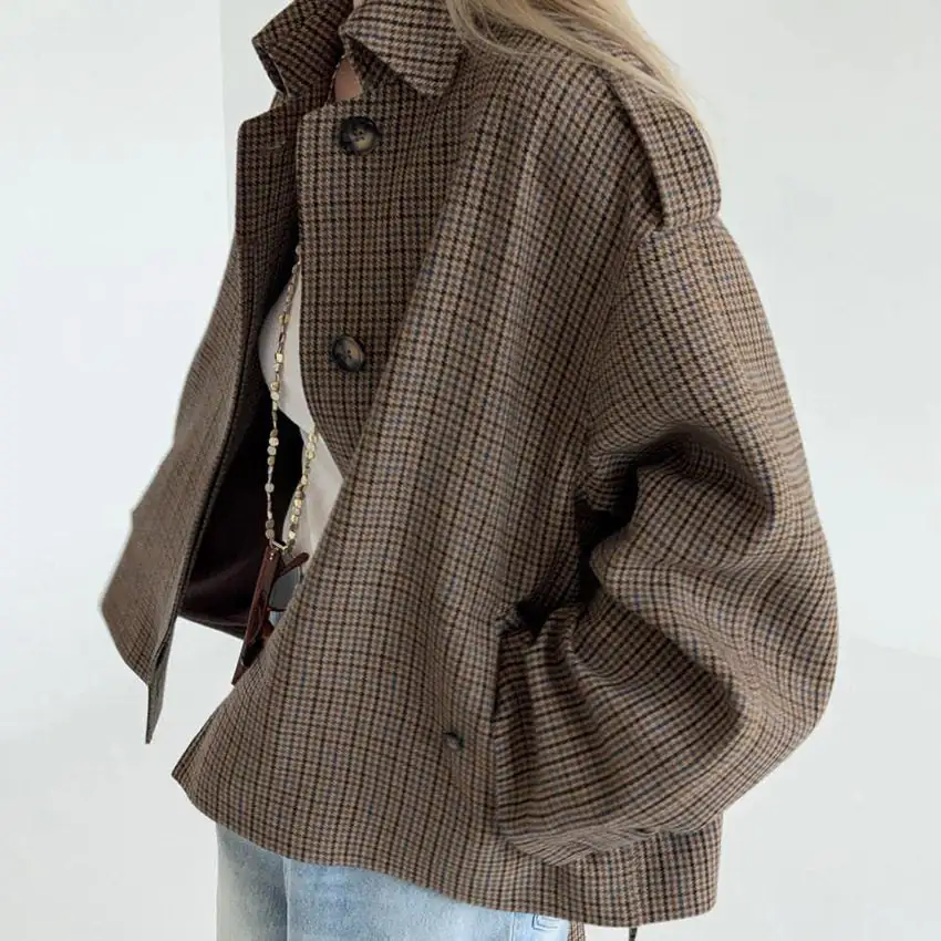 Plaid Houndstooth Relaxed Outerwear Coat