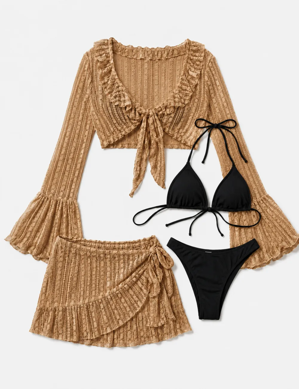 Solid Color Triangle Bikini Four Piece Set with Cover Up and Mini Skirt