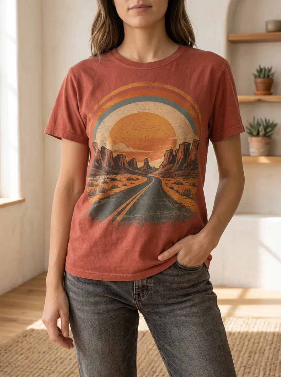 Women's Mountain Retro Desert Road Sunset Crew Neck T-Shirt