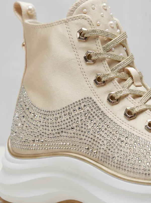 Pearl Lace-Detail Lace-Up High-Top Women's Rhinestone Platform Shoes