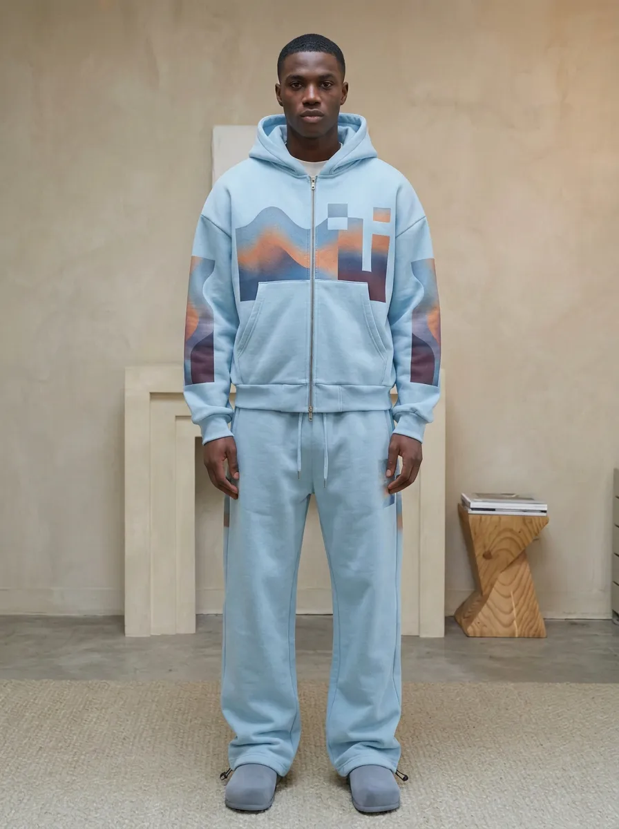 Men's Abstract Gradient Wave Printed Zip-up Hoodie Jogger Set