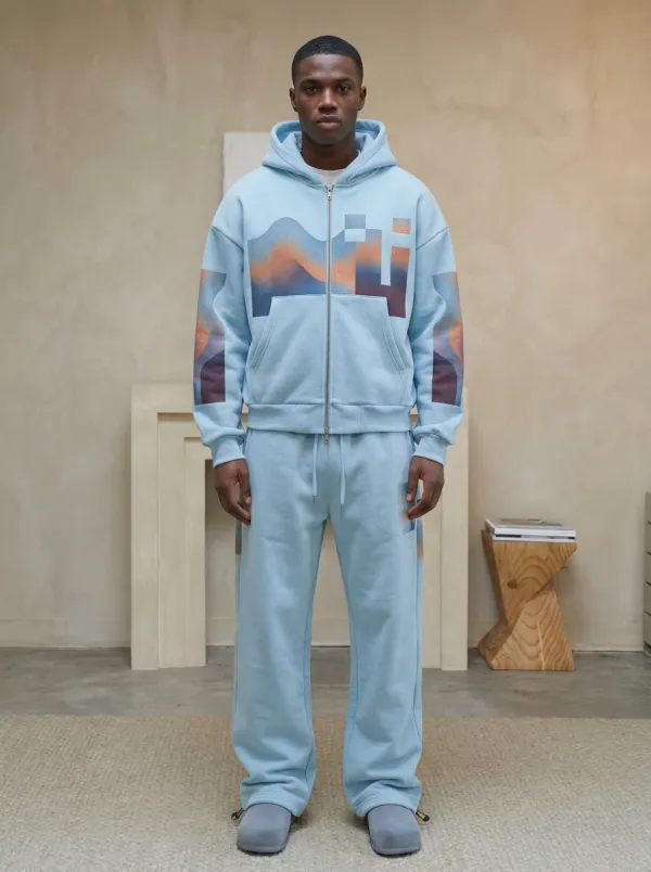 Men's Abstract Gradient Wave Printed Zip-up Hoodie Jogger Set