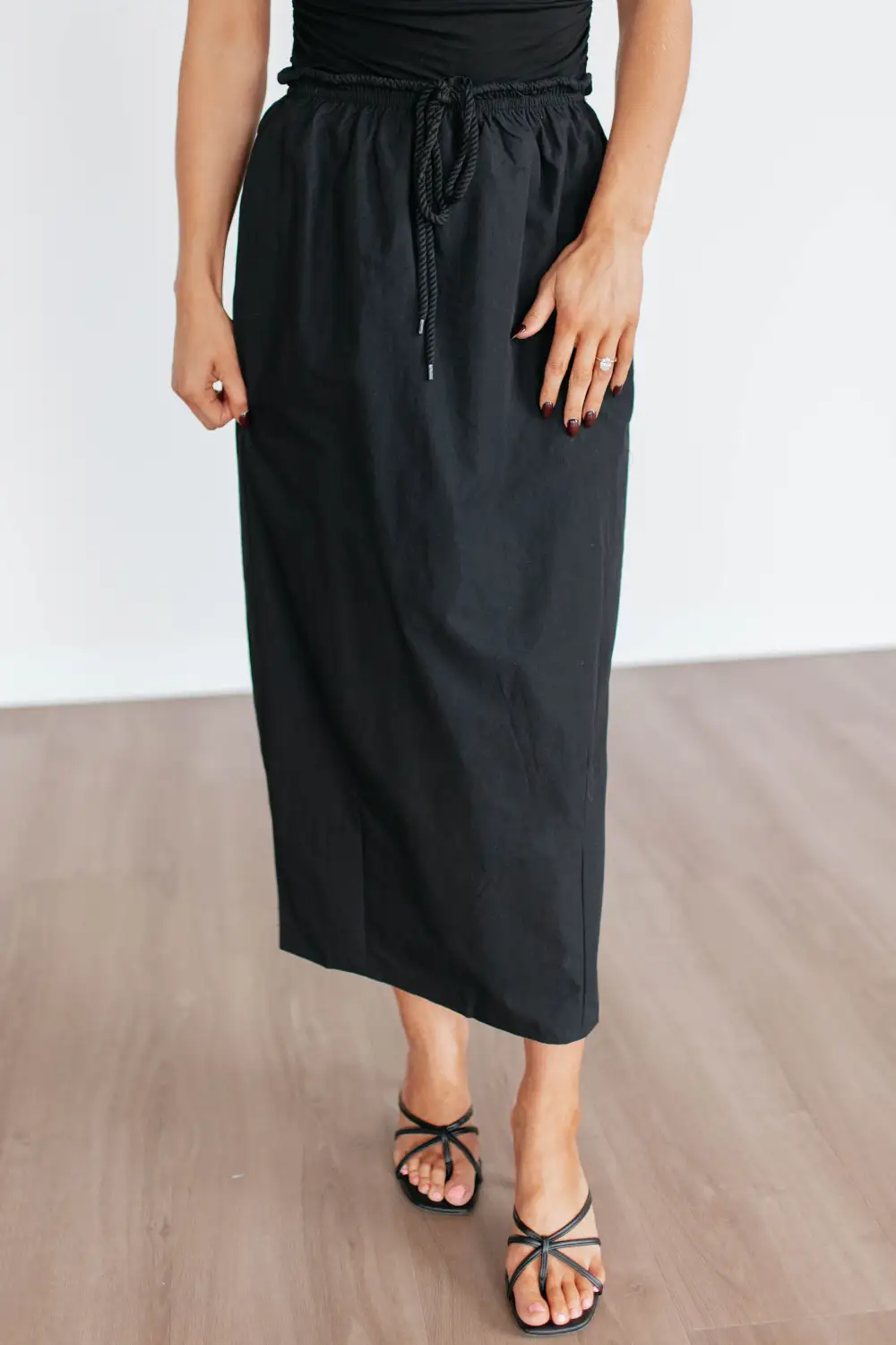 Cotton Slit Drawstring Midi Skirt