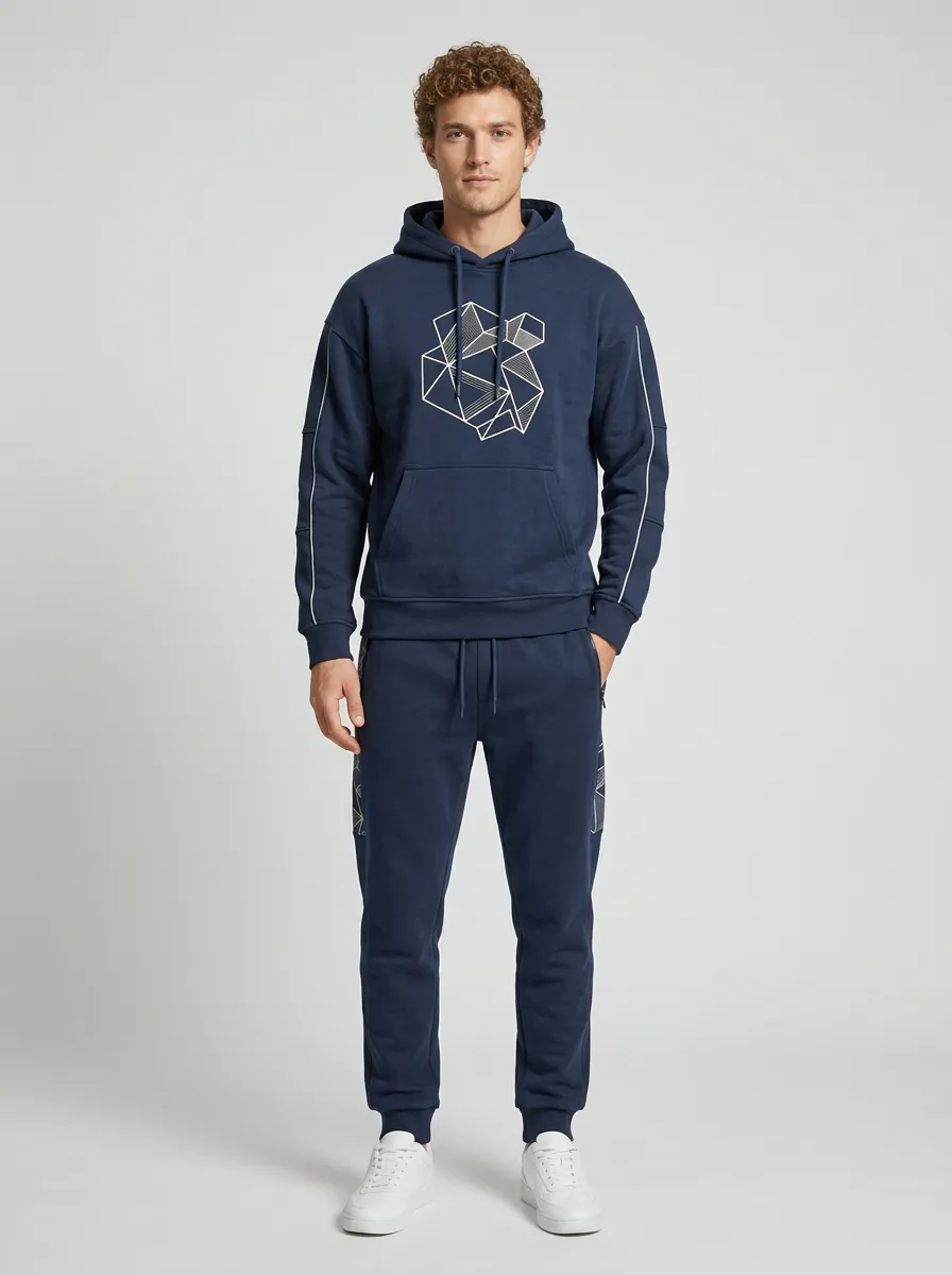Men's Geometric Pattern Printed Navy Hoodie Jogger Set