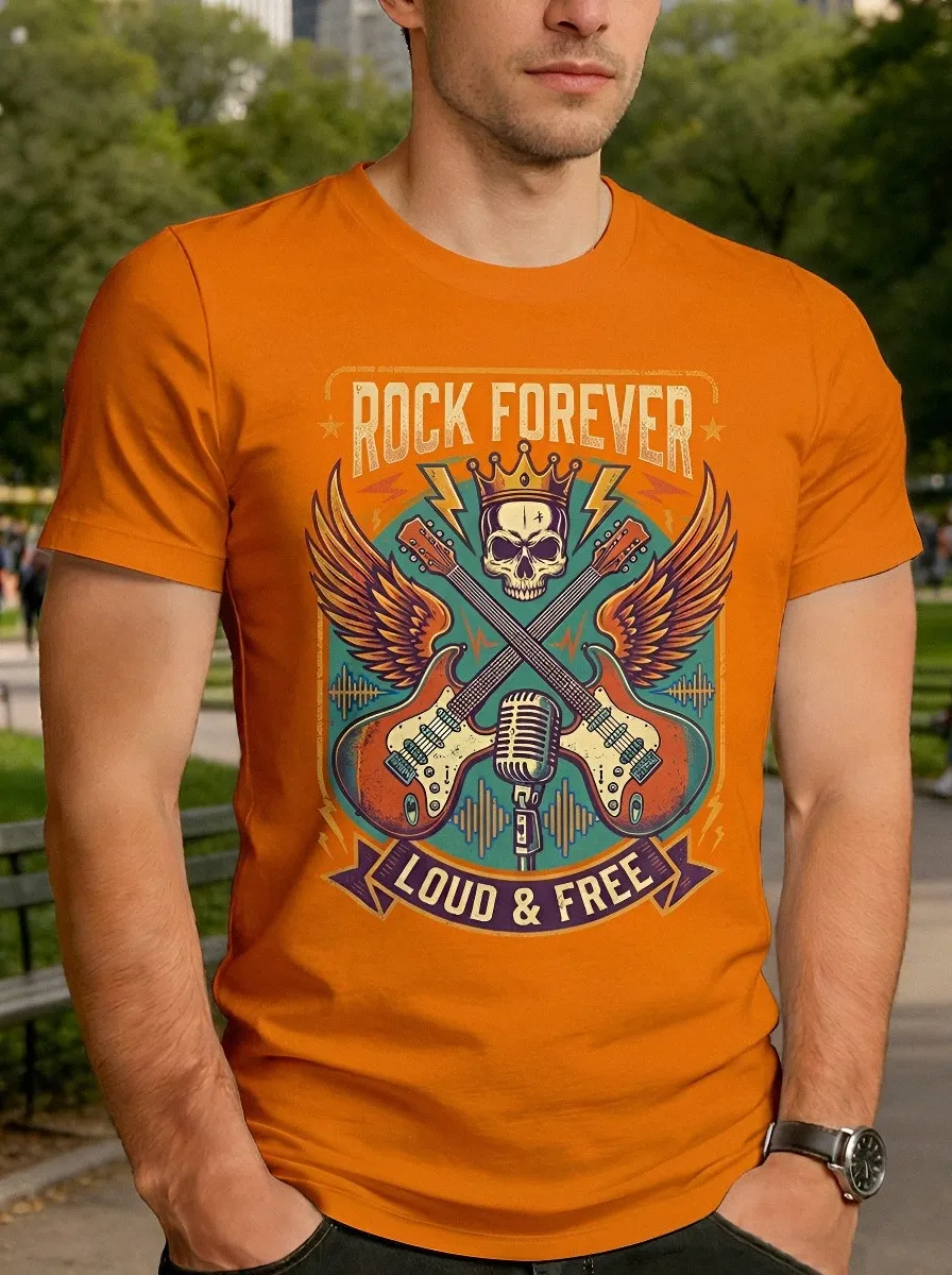 Men's Rock Music Lover Skull Guitar Wings Printed T-shirt