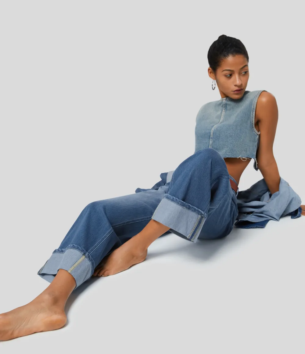 Magic High Waisted Multiple Pockets Rolled Hem Wide Leg Washed Stretchy Knit Casual Jeans