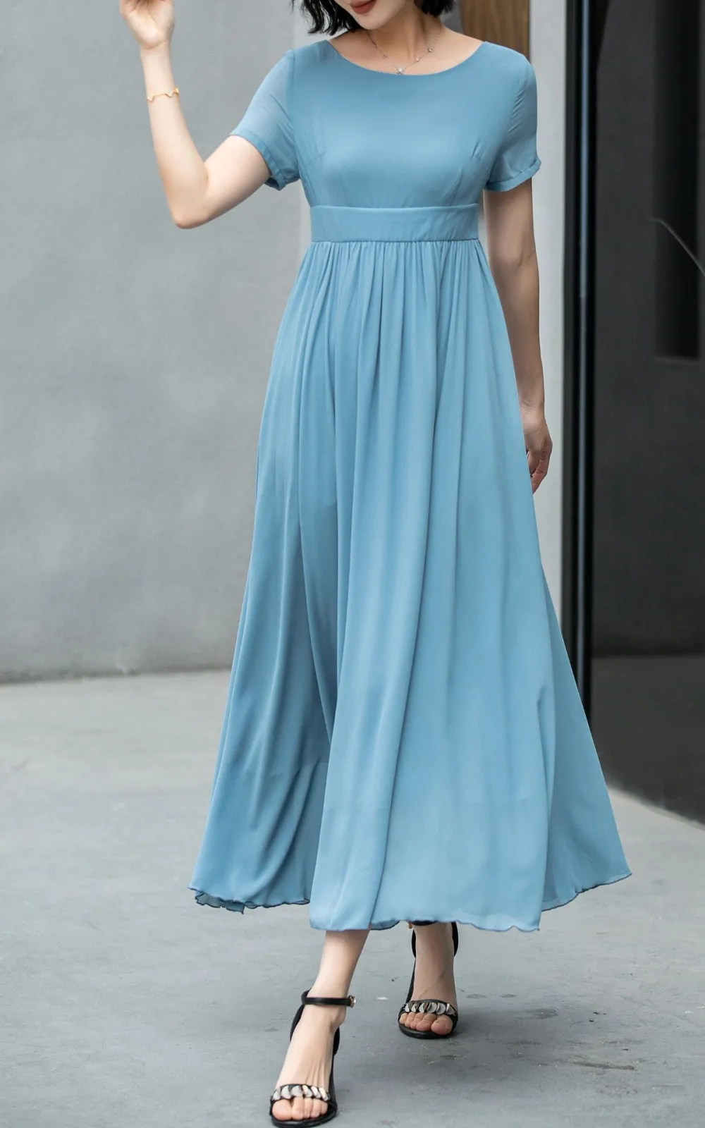 Checkered Chiffon Fit And Flare Swing Boat Neck Maxi Dress