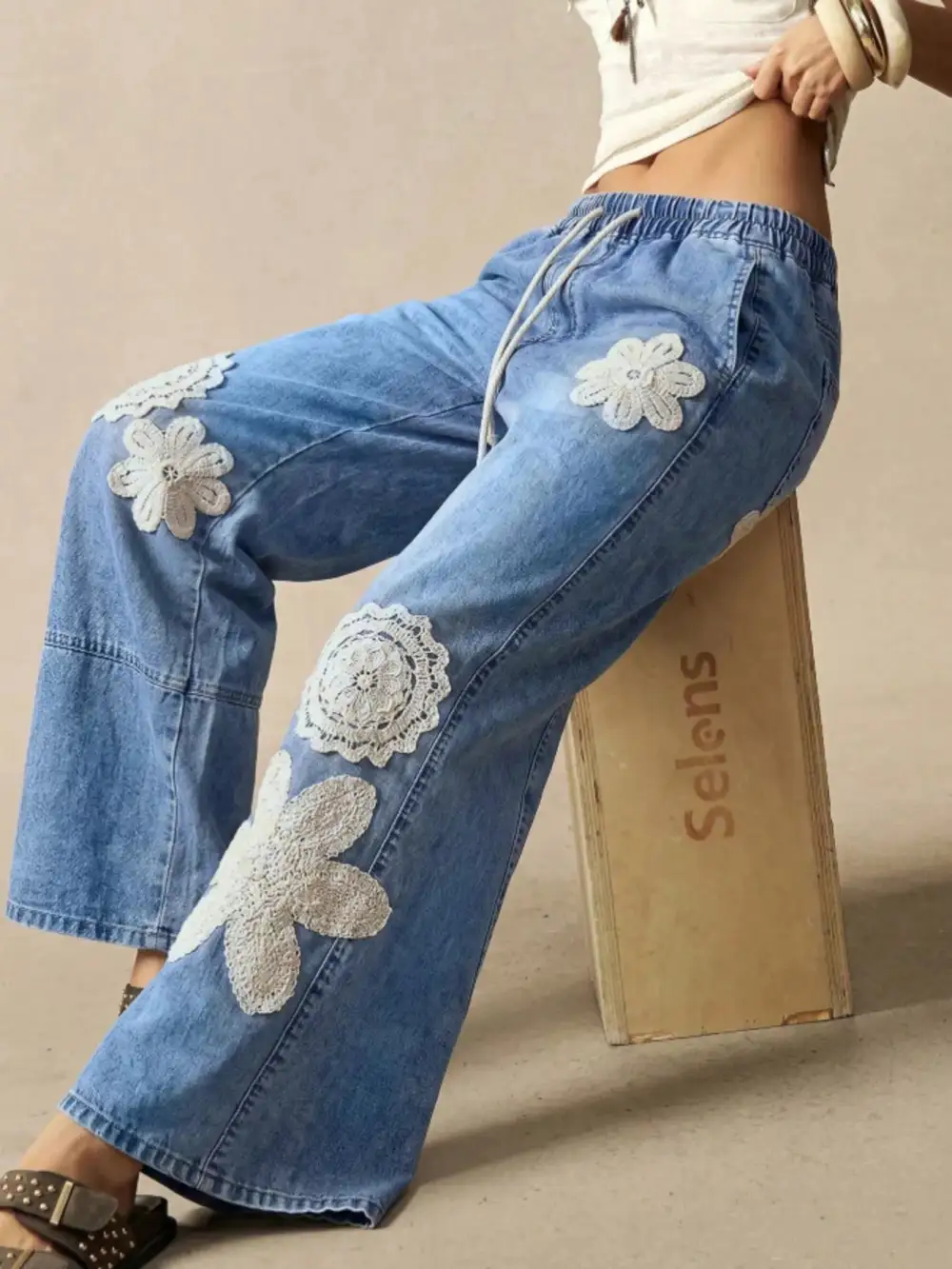 Wide-Leg Drawstring Jeans For Women