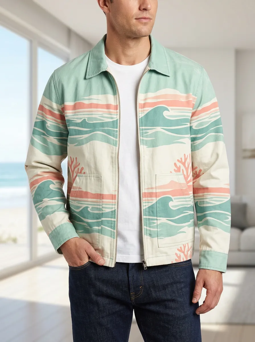 Men's Beach Ocean Wave Coral Printed Jacket