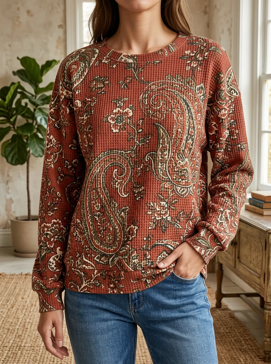 Women's Boho Paisley Floral Waffle Knit Art-Inspired Crewneck Sweatshirt