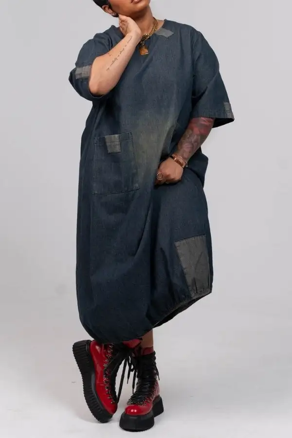 Multicolor Patches Denim Round Neck Relaxed Bubble Midi Dress