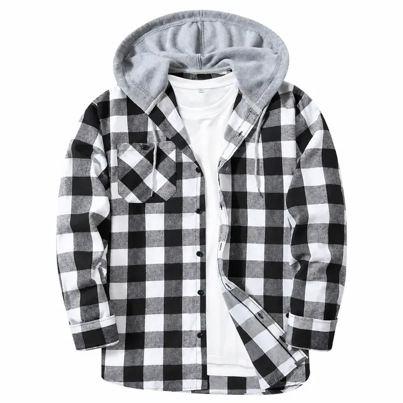 Men's Plus-Size Plaid Flannel Hooded Long-Sleeve Shirt Jacket
