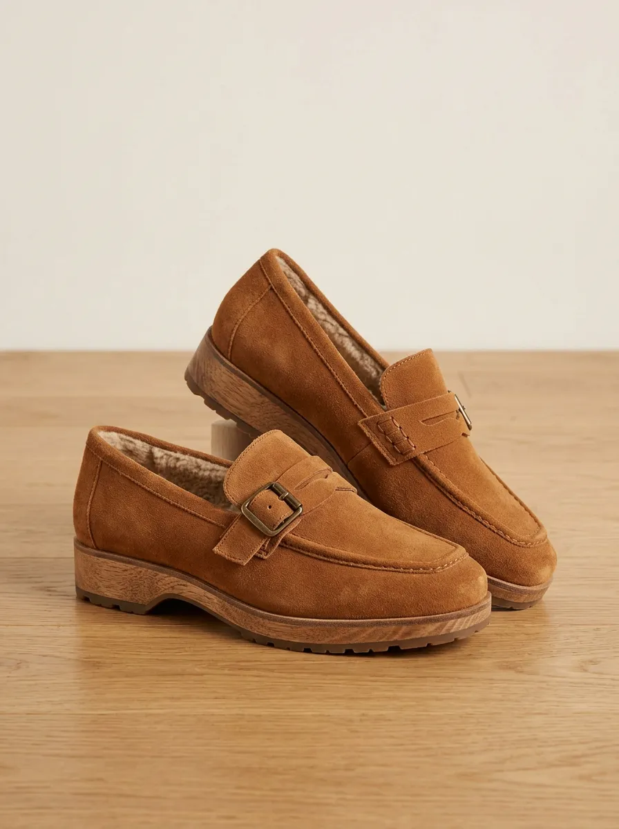 Women's Utility Faux Fur Lined Buckle Detail Casual Suede Wood Sole Loafers