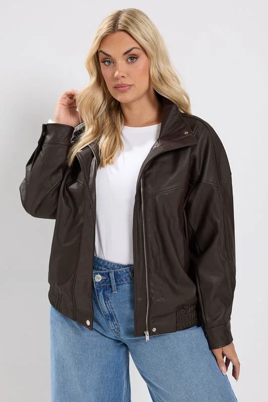 Chocolate Brown Faux Leather Funnel Neck Jacket detail 1