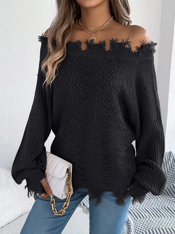 Ribbed Openwork Sheer Detail Off Shoulder Long Sleeve Sweater