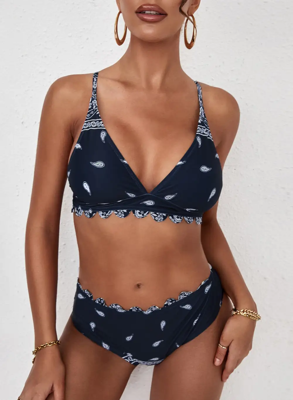 Swimwear Tribal Paisley Scalloped High Waist Bikini Set V Neck Triangle Padded Two Piece Swimsuits Bathing Suit