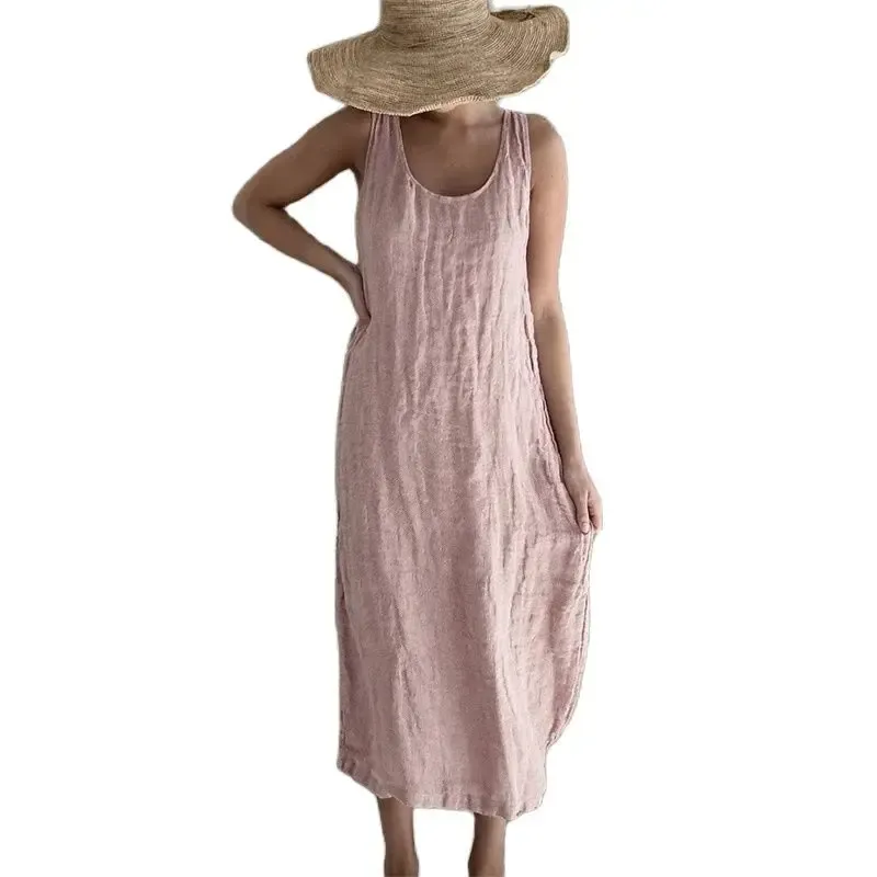 Sleeveless Linen Blend Cotton Blend Midi Tie Detail Dress