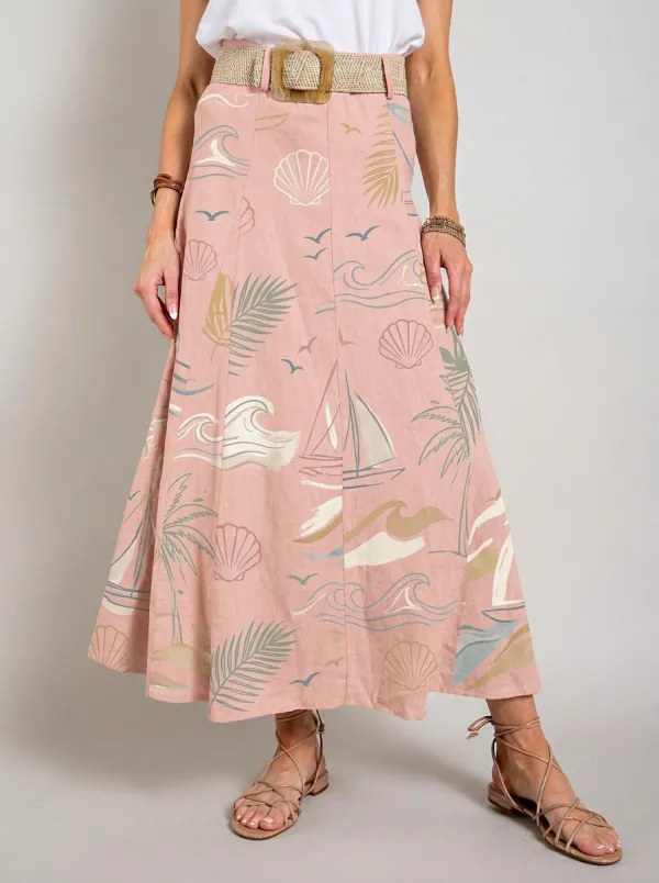 Women's Beach Lover Nautical Seashell Palm Printed Midi Skirt