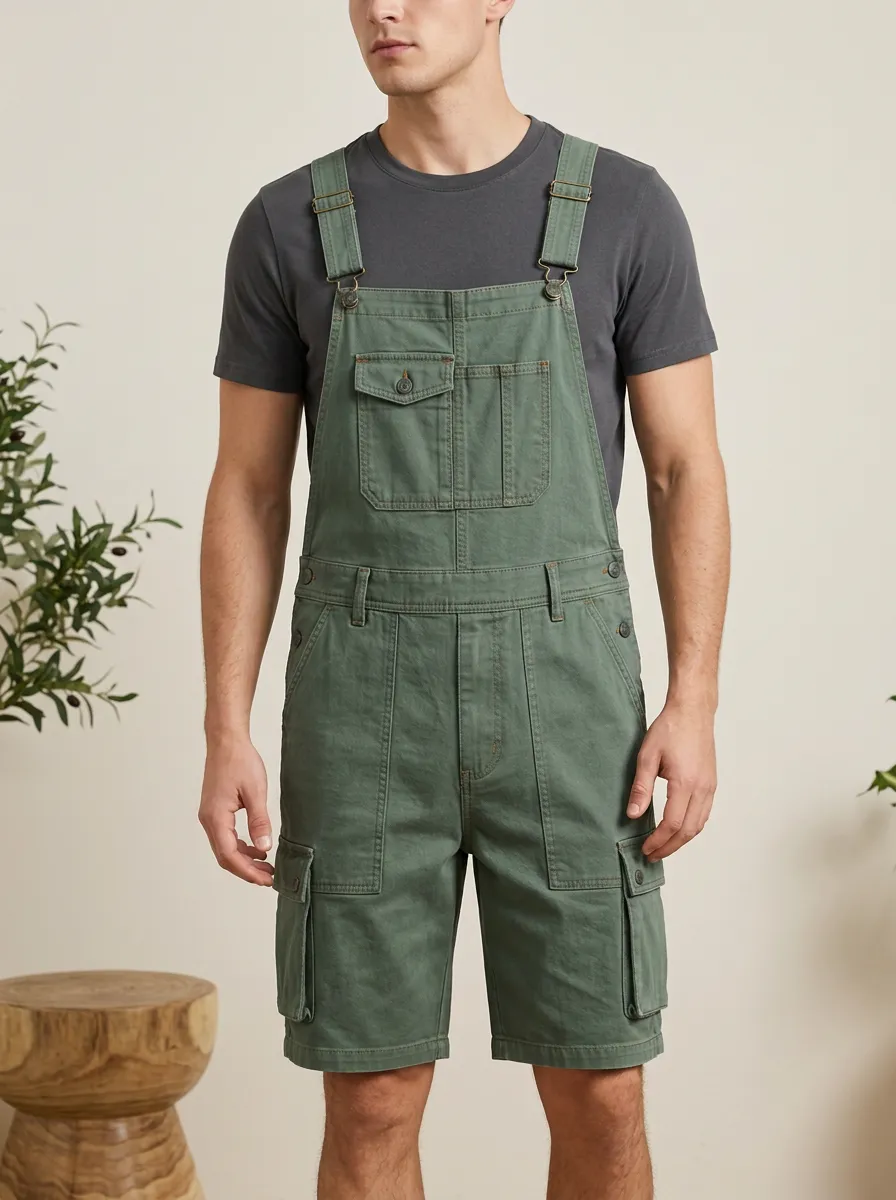 Men's Casual Outdoor Olive Green Cargo Bib Overalls Shorts