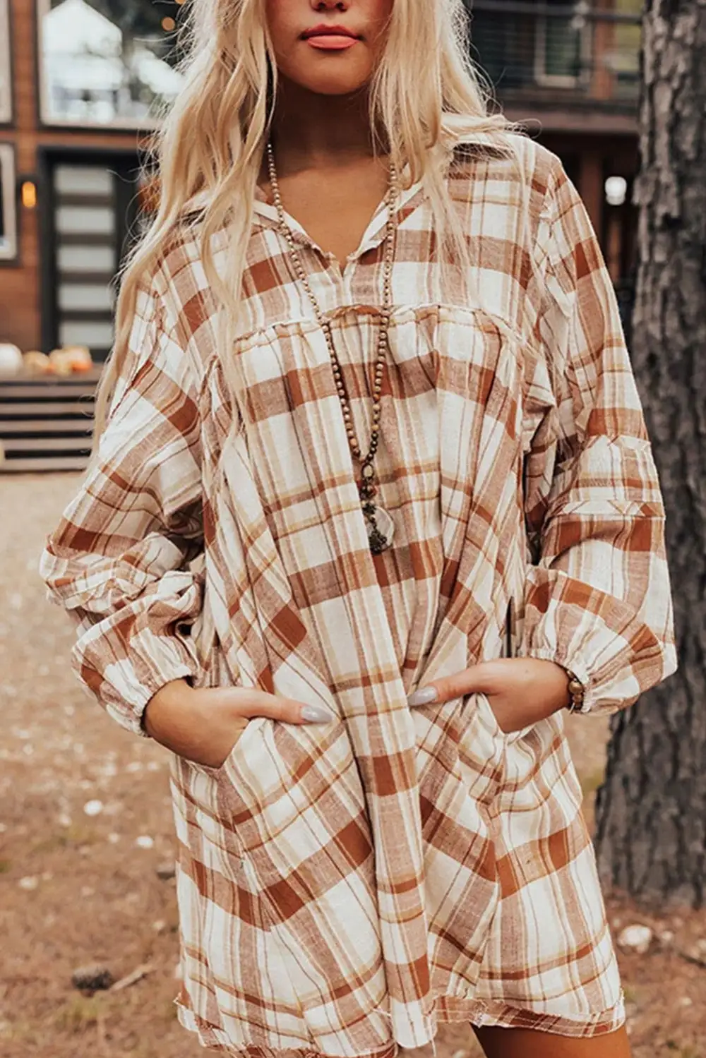 Plaid Print Side Pockets Frilled Babydoll Mini Dress