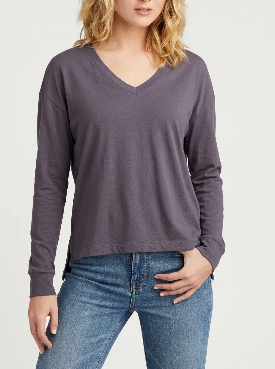 Women's Charcoal V-Neck Long Sleeve Tee with High-Low Hem