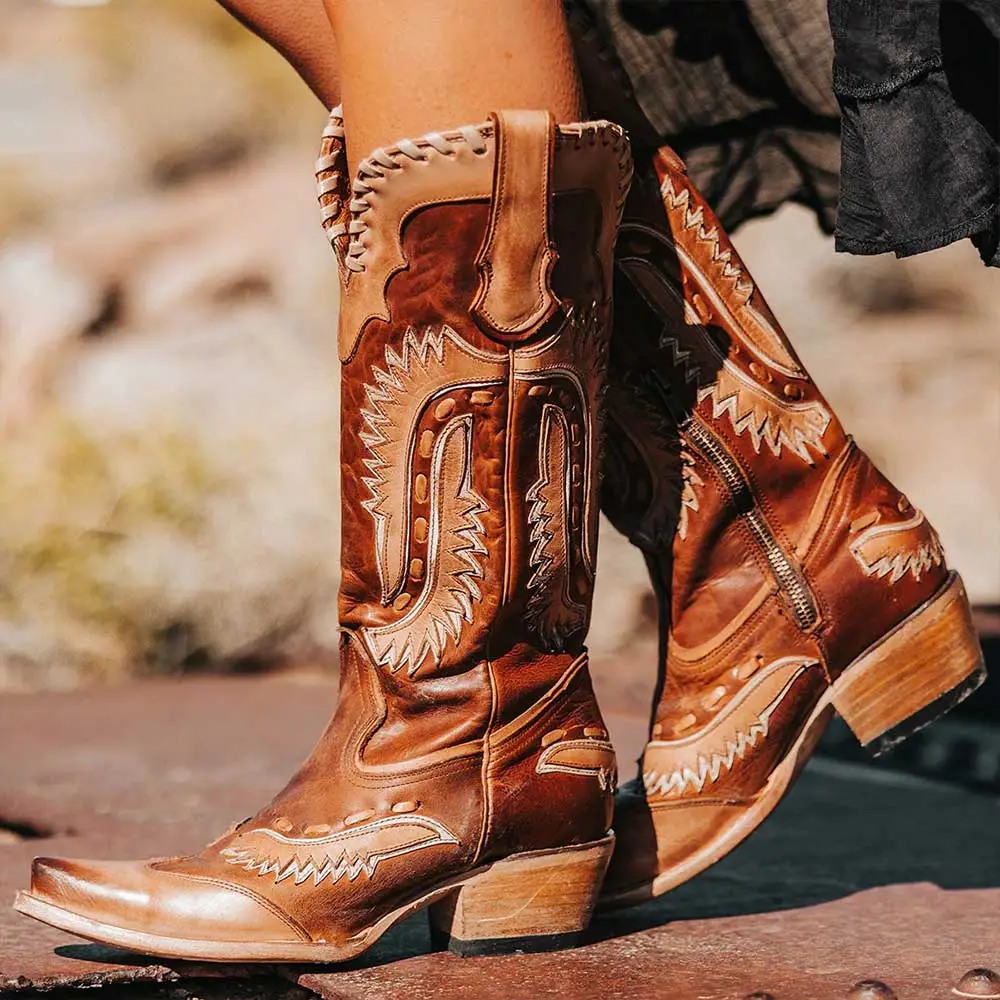 Faux-Leather Distressed Zip-Up Patchwork Mid-Calf Boots