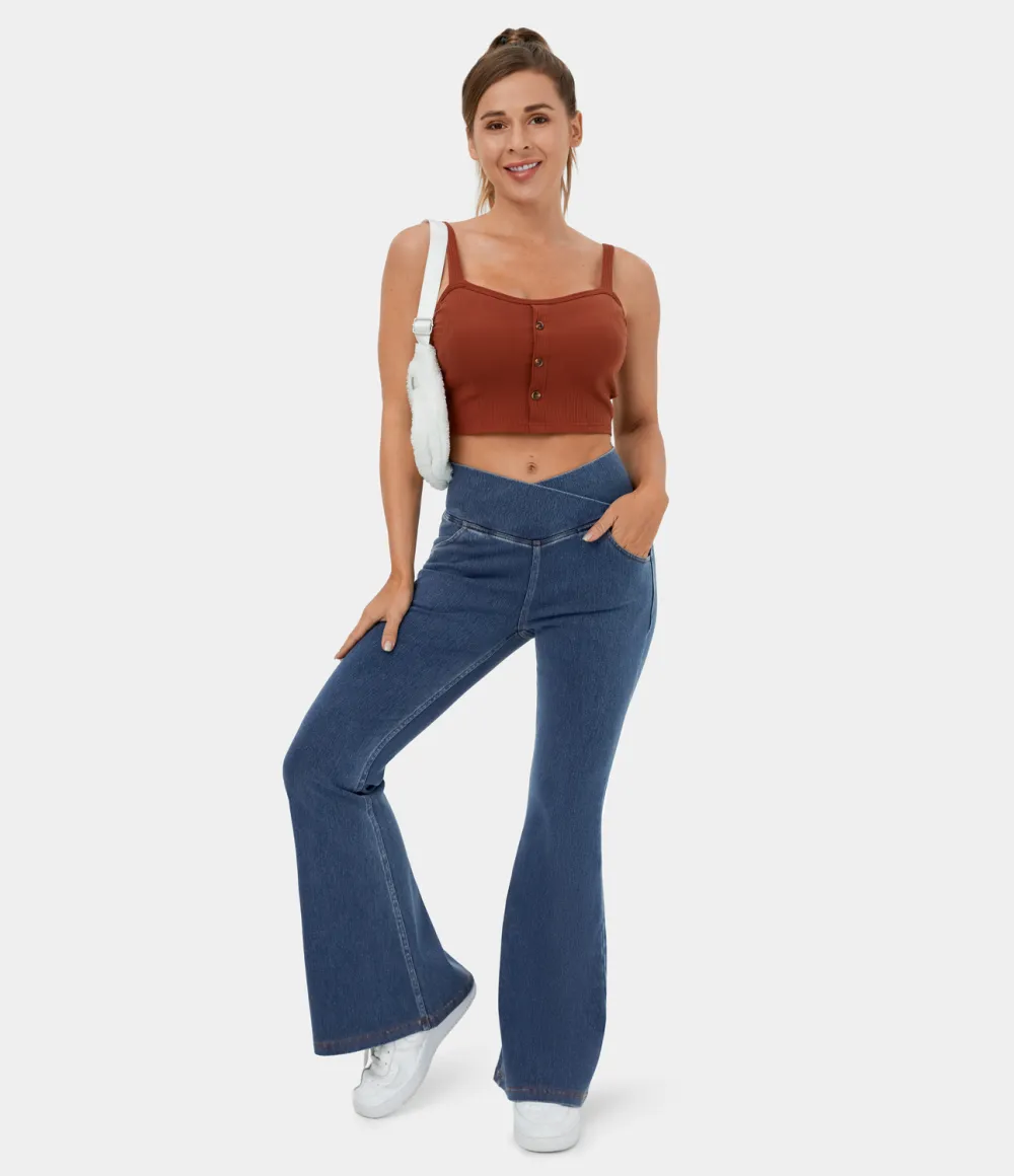Magic High Waisted Crossover Pocket Washed Stretchy Knit Casual Super Flare Jeans