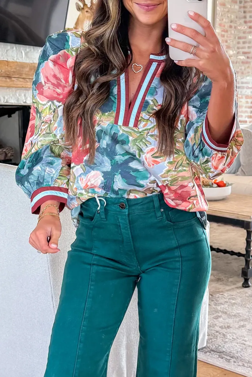 Sky Blue Contrast Trim V Neck Blouse
