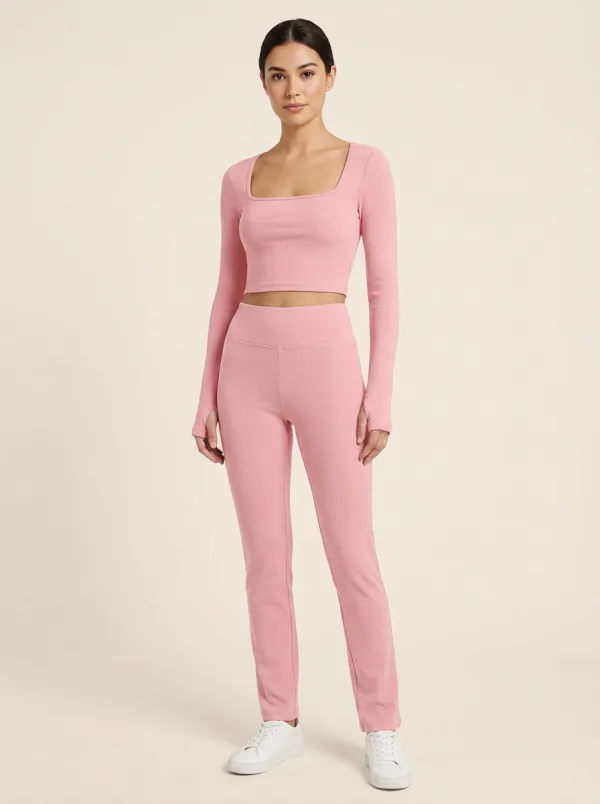 Women's Fine-Ribbed Square-Neck Thumbhole Crop Top and Straight-Leg Legging Set