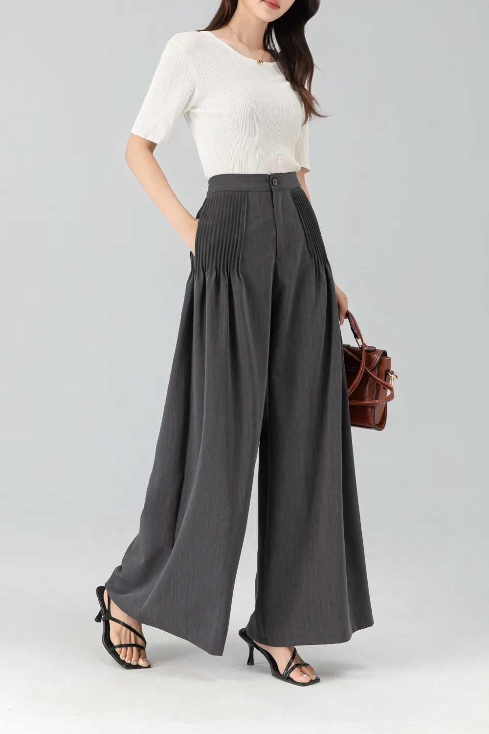 Classic Polyester Wide Leg High Waist Pleated Trousers