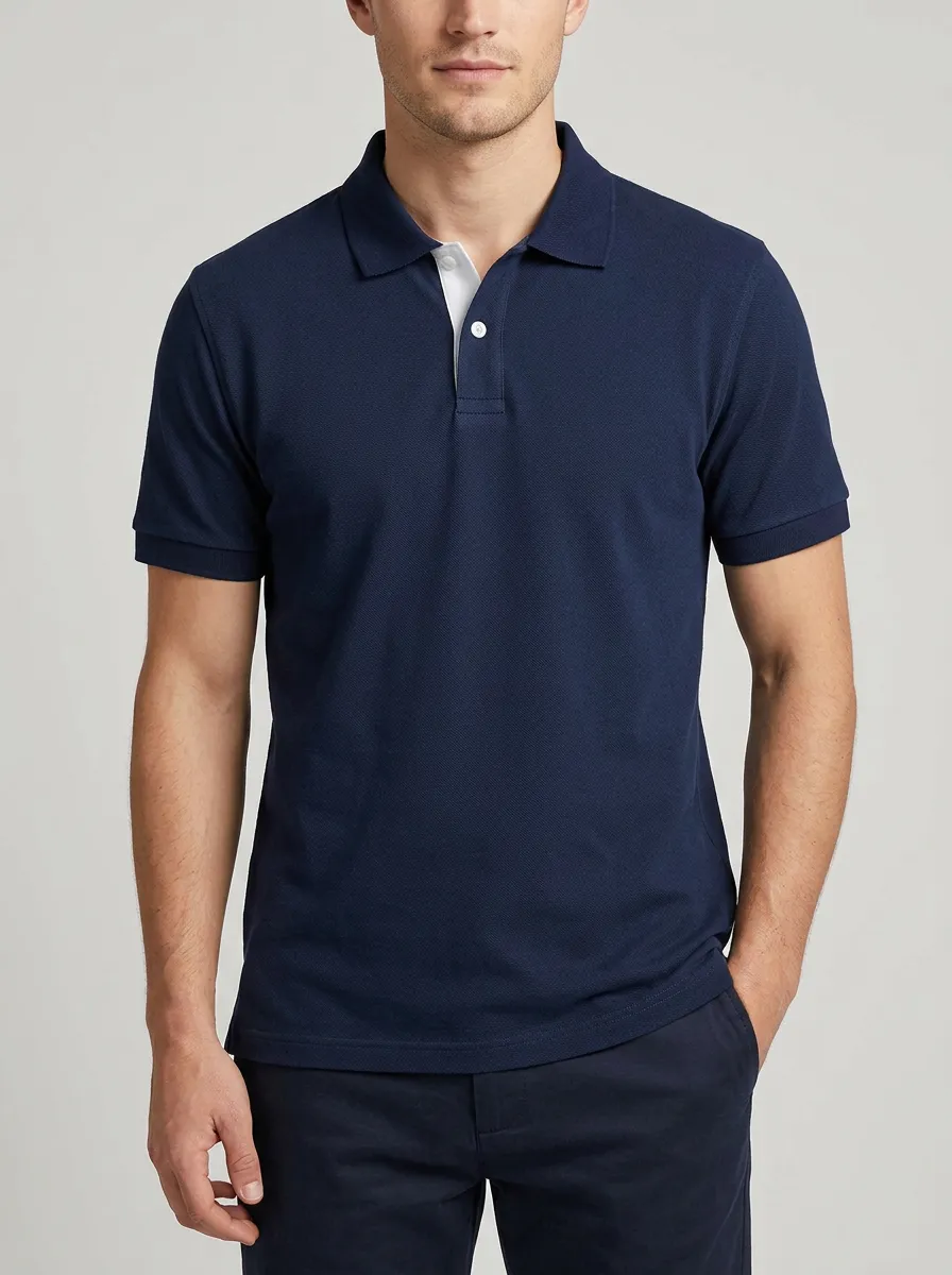 Men's Navy Blue Contrast Collar Solid Printed Polo Shirt
