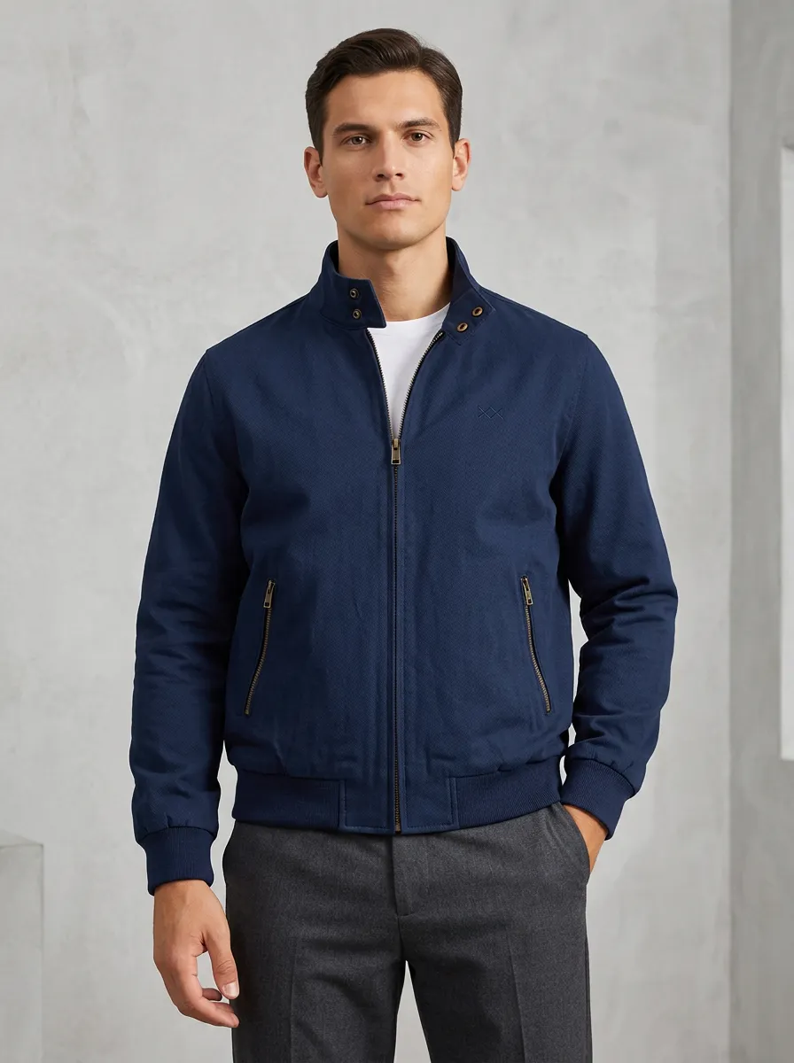Men's Casual Minimalist Navy Blue Zip-Up Bomber Jacket