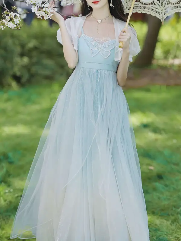 Embroidered Butterfly Puff Long Dress