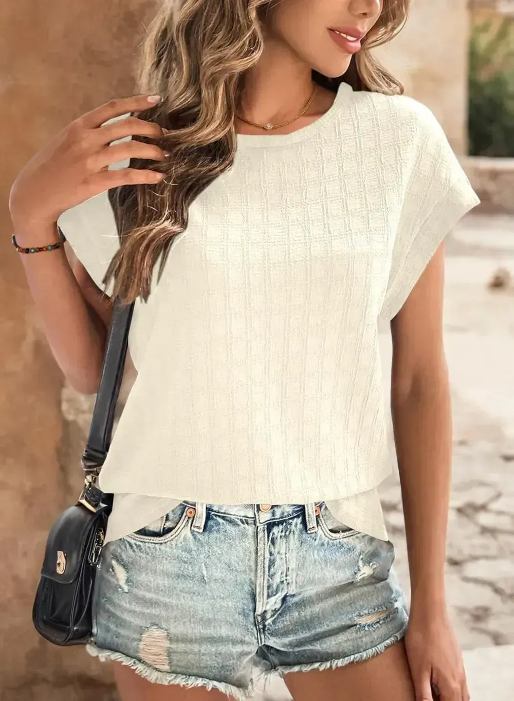 Dokotoo Tops for Women Trendy Summer Casual Cap Short Sleeve Basic Textured Solid Color Round Neck T Shirts Blouse