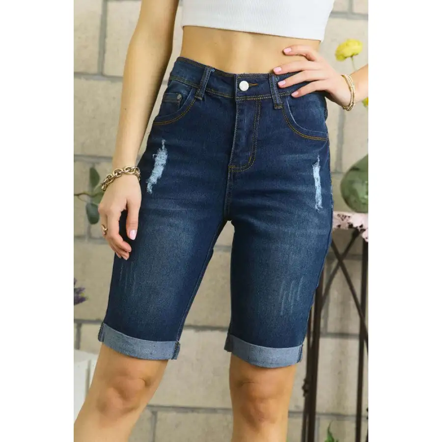 Casual Distressed Pocketed Denim Shorts
