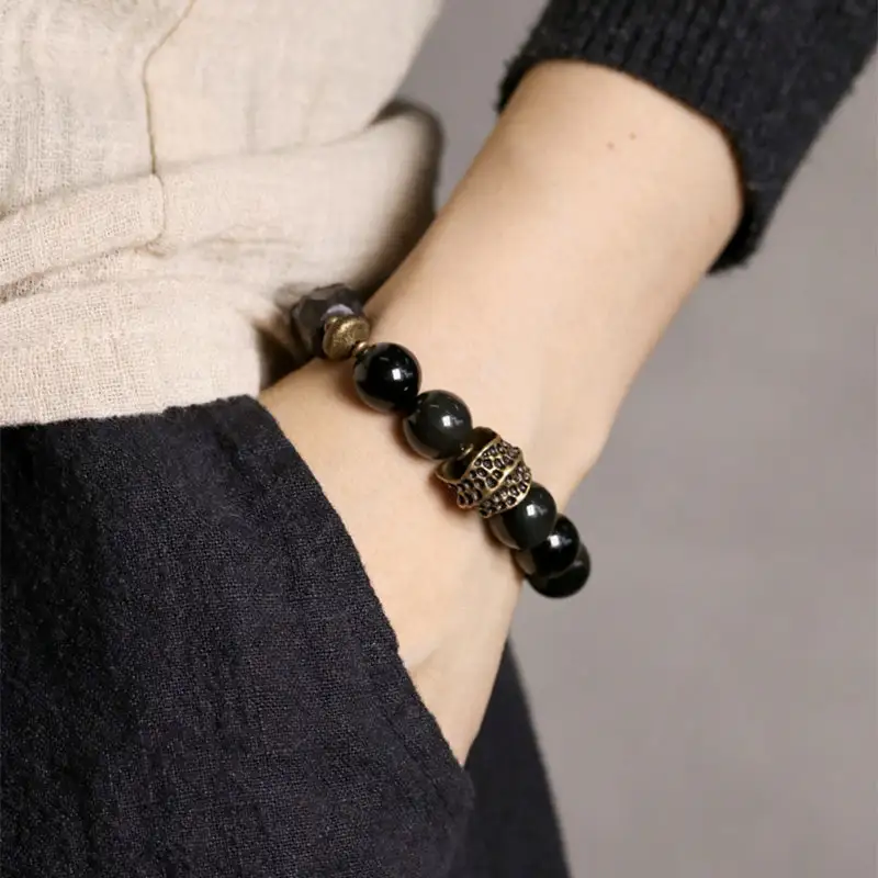 Obsidian Ebony Wood Copper Couple Bracelet