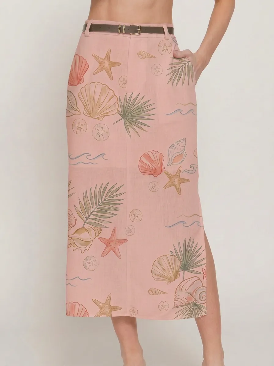 Women's Beach Vacation Seashell Starfish Tropical Leaf Printed Midi Skirt