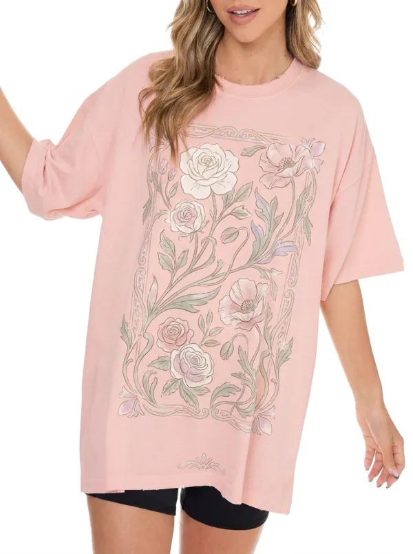 Women's Vintage Floral Botanical Frame Printed T-shirt