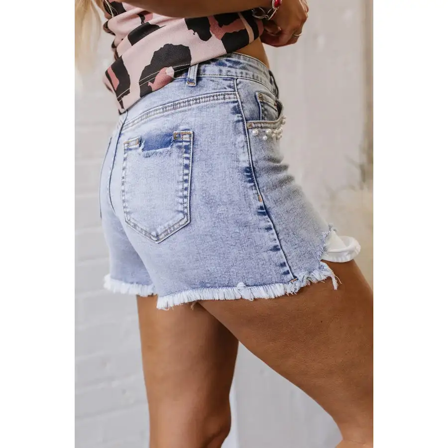 Pearl Studded Pockets Raw Hem Denim Shorts