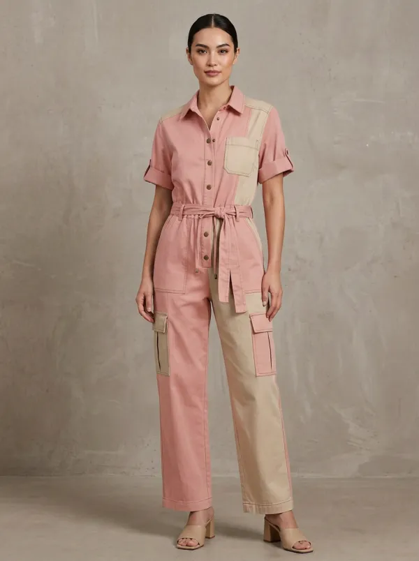 Women's Casual Navy Beige Colorblock Utility Jumpsuit